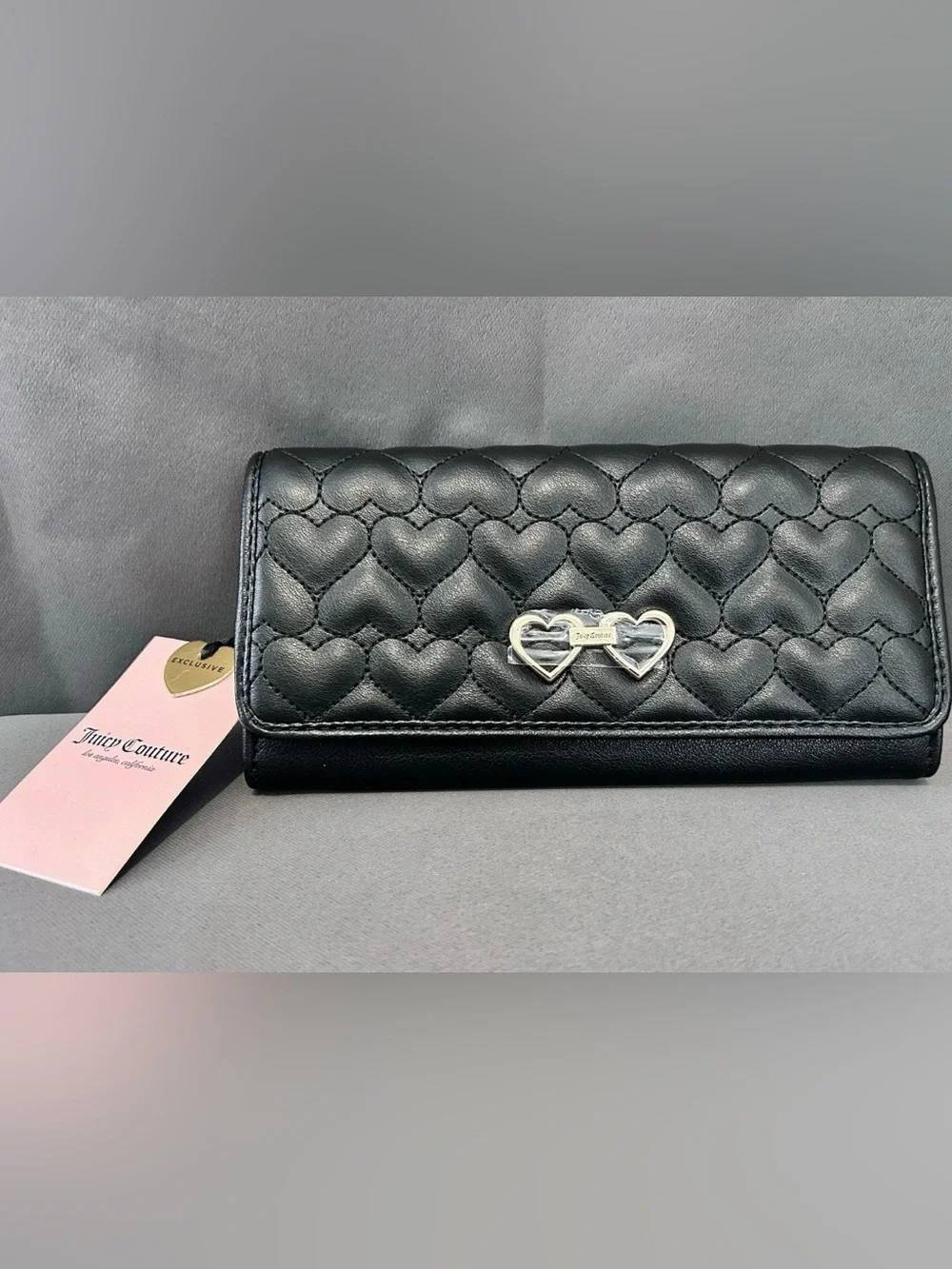 Juicy Couture Clutch Wallet Black Quilted Heart-Pattern Silver Heart Hardware